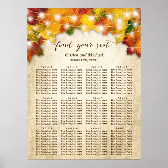 Rustic Autumn Leaves String Lights Seating Chart (Front)