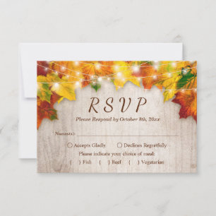Rustic Autumn Leaves String Lights Wedding RSVP Card