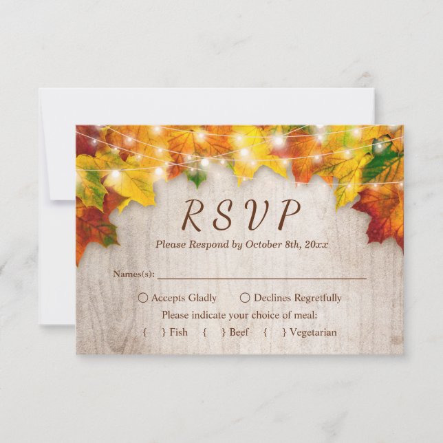 Rustic Autumn Leaves String Lights Wedding RSVP Card (Front)