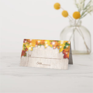 Rustic Autumn Leaves String Lights Wedding Table Place Card