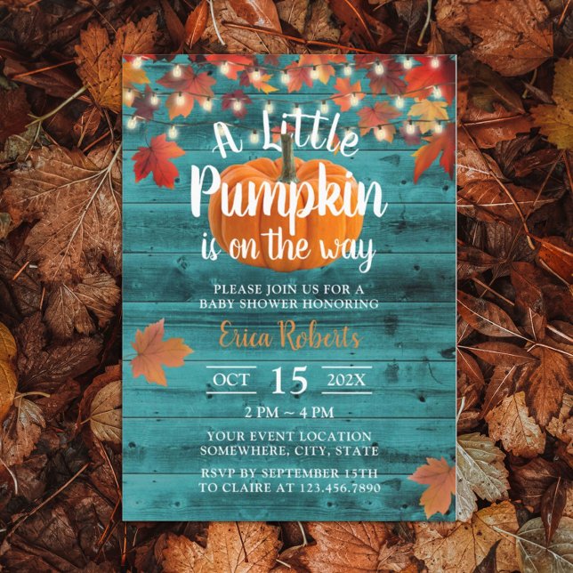 Rustic Autumn Leaves Teal Barn Pumpkin Baby Shower Invitation (Creator Uploaded)