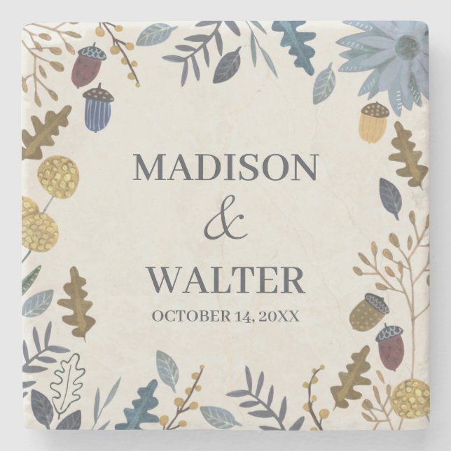 Rustic Autumn Leaves Wedding Stone Coaster Favour (Front)