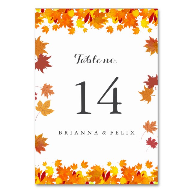 Rustic Autumn Leaves Wedding Table Number Card (Front)
