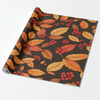 Rustic Autumn Leaves with Red Berries Pattern Wrapping Paper