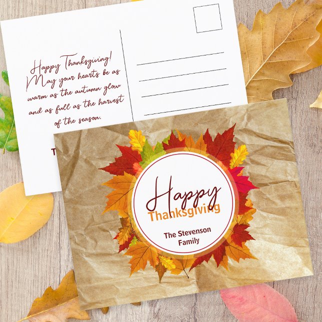 Rustic Autumn Maple Leaf Family Thanksgiving Postcard (Creator Uploaded)