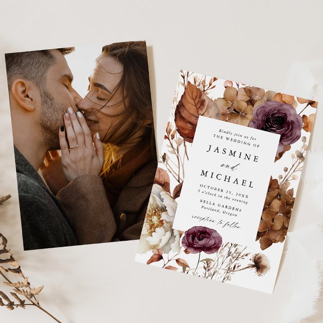 Rustic Autumn Marsala Floral Frame Photo Wedding Invitation (Creator Uploaded)