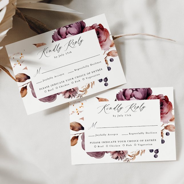 Rustic Autumn Marsala Floral Meal Choice Wedding RSVP Card (Creator Uploaded)
