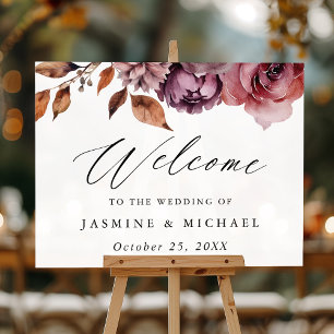 Rustic Autumn Marsala Floral Wedding Welcome Acrylic Sign