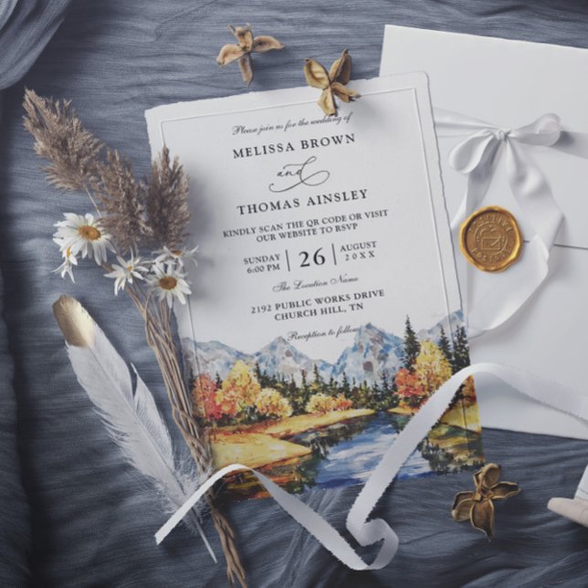 Rustic Autumn Mountain Budget QR Code Wedding Invitation (Creator Uploaded)