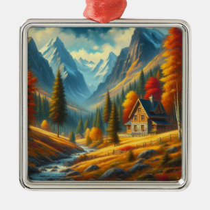 Rustic, Autumn mountain cottage & river Metal Ornament