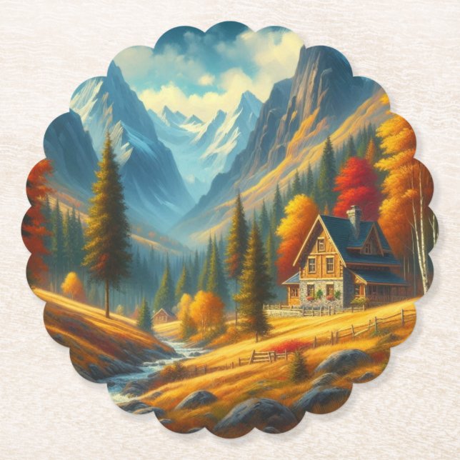 Rustic, Autumn mountain cottage & river Paper Coaster (Front)