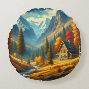 Rustic, Autumn mountain cottage & river Round Pillow