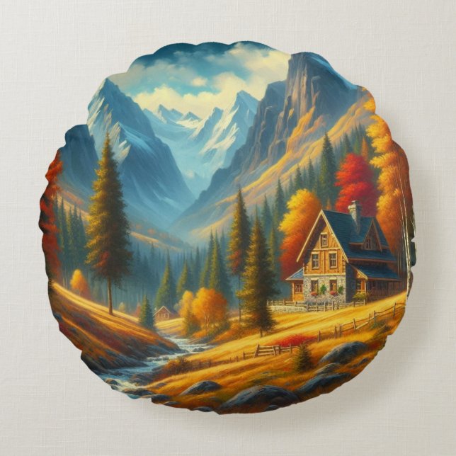 Rustic, Autumn mountain cottage & river Round Pillow (Front)