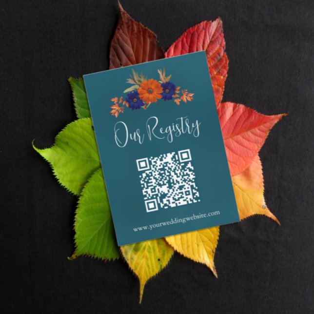 Rustic Autumn Orange Blue Floral Wedding Registry Enclosure Card (Creator Uploaded)