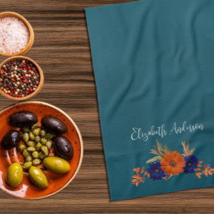 Rustic Autumn Orange Navy Blue Floral Kitchen Towel