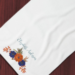 Rustic Autumn Orange Navy Blue Floral Kitchen Towel