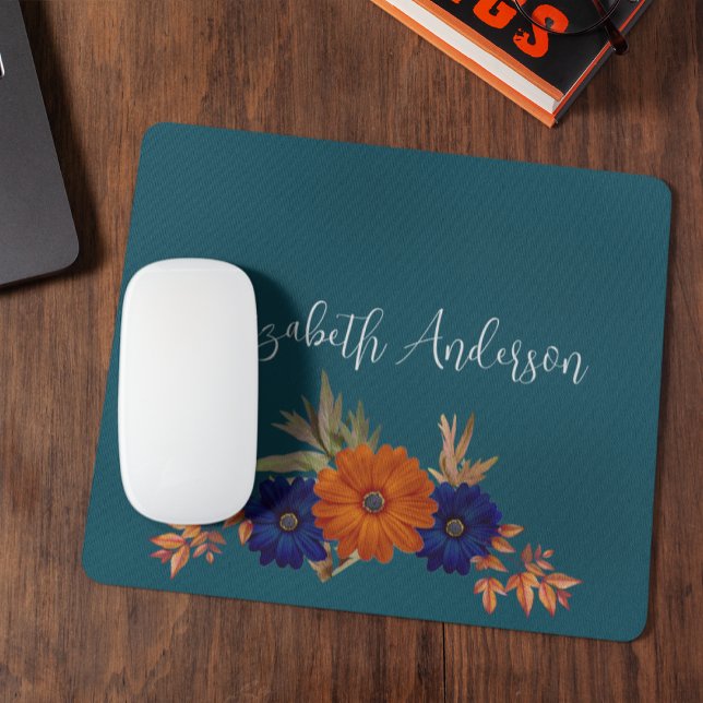 Rustic Autumn Orange Navy Blue Floral Mouse Pad (Creator Uploaded)