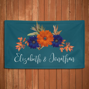 Rustic Autumn Orange Navy Blue Floral Wedding Banner