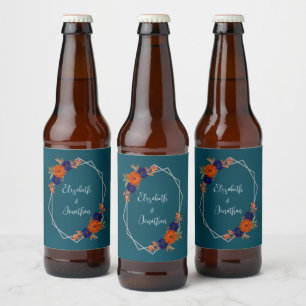 Rustic Autumn Orange Navy Blue Floral Wedding Beer Bottle Label