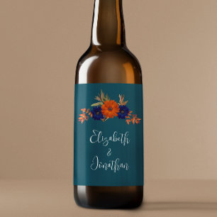 Rustic Autumn Orange Navy Blue Floral Wedding Beer Bottle Label