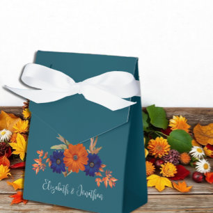 Rustic Autumn Orange Navy Blue Floral Wedding Favor Box