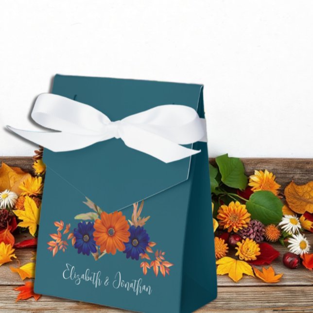 Rustic Autumn Orange Navy Blue Floral Wedding Favor Box (Creator Uploaded)