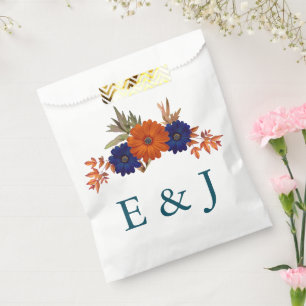 Rustic Autumn Orange Navy Blue Floral Wedding Favour Bag