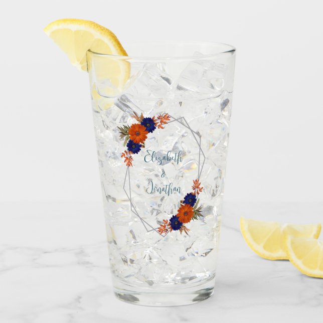 Rustic Autumn Orange Navy Blue Floral Wedding Glass (Front Ice)