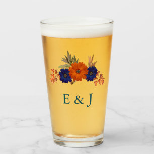 Rustic Autumn Orange Navy Blue Floral Wedding Glass