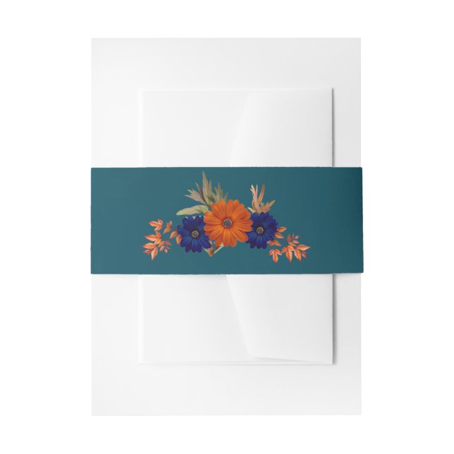 Rustic Autumn Orange Navy Blue Floral Wedding Invitation Belly Band (Front Example)
