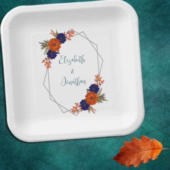 Rustic Autumn Orange Navy Blue Floral Wedding Paper Plate (Creator Uploaded)