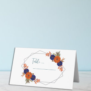 Rustic Autumn Orange Navy Blue Floral Wedding Place Card