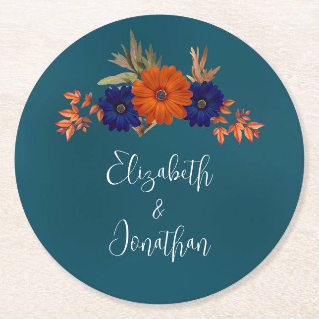 Rustic Autumn Orange Navy Blue Floral Wedding Round Paper Coaster (Front)