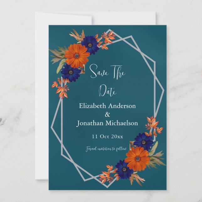Rustic Autumn Orange Navy Blue Floral Wedding Save The Date (Front)