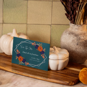 Rustic Autumn Orange Navy Blue Floral Wedding Save The Date