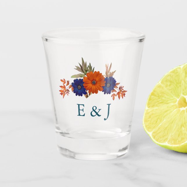 Rustic Autumn Orange Navy Blue Floral Wedding Shot Glass (Front)