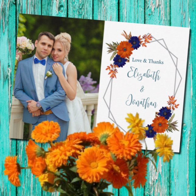 Rustic Autumn Orange Navy Blue Floral Wedding Thank You Card (Creator Uploaded)