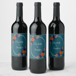 Rustic Autumn Orange Navy Blue Floral Wedding Wine Label