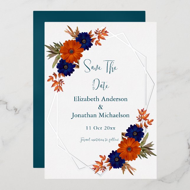 Rustic Autumn Orange Navy Blue Save The Date (Front/Back)