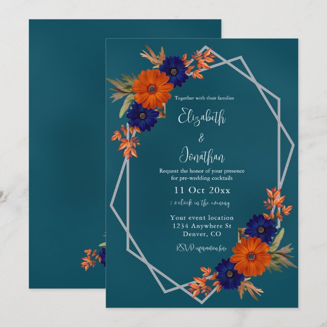 Rustic Autumn Orange Navy Blue Wedding Cocktails Invitation (Front/Back)