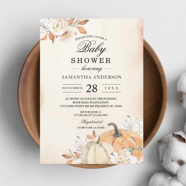 Rustic Autumn Orange Pumpkins & Flowers Invitation (Creator Uploaded)
