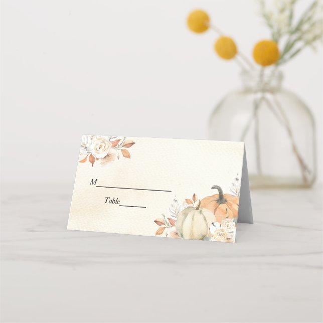 Rustic Autumn Orange Pumpkins & Flowers Place Card (Front)