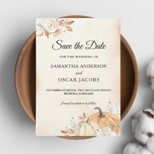 Rustic Autumn Orange Pumpkins & Flowers Save The Date