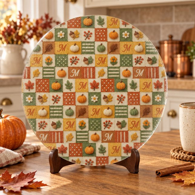 Rustic Autumn Patchwork Pumpkin Monogram Cutting Board (Creator Uploaded)