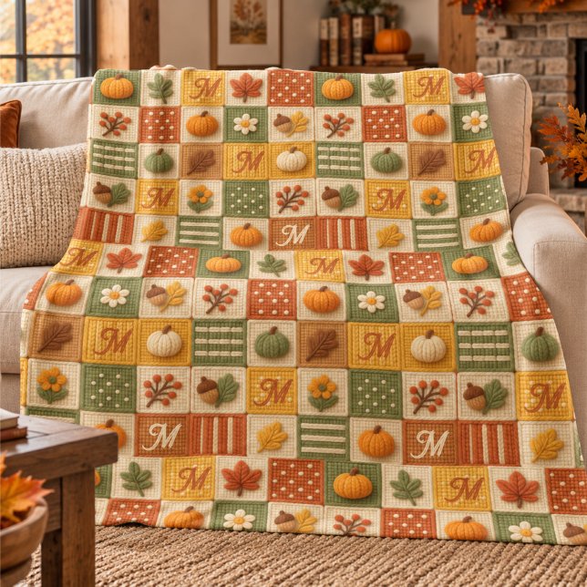 Rustic Autumn Patchwork Pumpkin Monogram Fleece Blanket (Creator Uploaded)