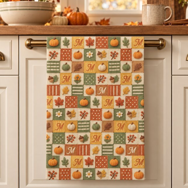 Rustic Autumn Patchwork Pumpkin Monogram Kitchen Towel (Creator Uploaded)