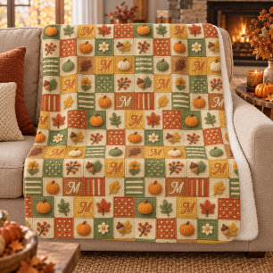 Rustic Autumn Patchwork Pumpkin Monogram Sherpa Blanket