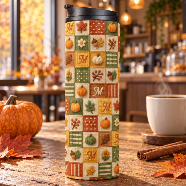 Rustic Autumn Patchwork Pumpkin Monogram Thermal Tumbler (Creator Uploaded)
