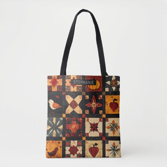 Rustic Autumn Patchwork Quilt Pattern | Farmhouse Tote Bag (Front)