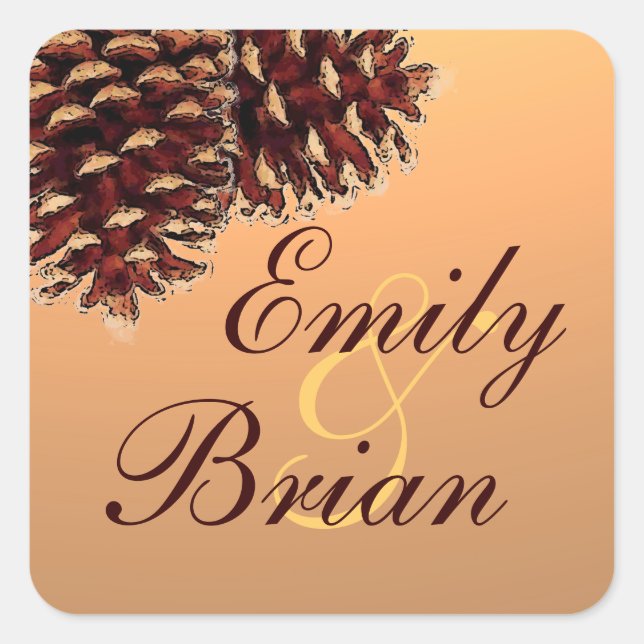 Rustic autumn pinecone custom wedding stickers (Front)